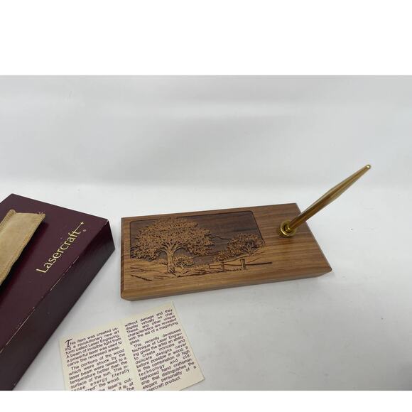 Vintage Desk Set -Gold Pen by Lasercraft ~Solid American Walnut With Tree Design - Picture 2 of 14